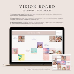 Op de afbeelding: Een laptopscherm waarop een vision board te zien is met afbeeldingen en tekst. Het vision board is verdeeld in negen vierkanten, elk met een andere afbeelding of tekst. De afbeeldingen omvatten een strand, een persoon die geld vasthoudt, een persoon die een hart vasthoudt en een persoon die een bord vasthoudt met de tekst "Ik ben genoeg". De tekst omvat de woorden "Het is al van mij", "Kies gelukkig", "Geld houdt van me" en "Ik ben genoeg".
