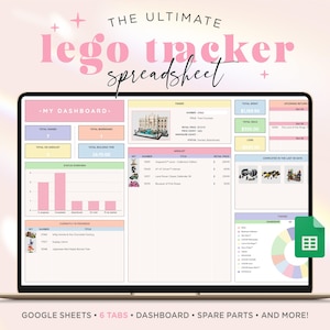 May include: A laptop screen displays a Lego tracker spreadsheet with the text "THE ULTIMATE lego tracker spreadsheet." The dashboard includes sections for total owned, wishlist, and building time. The spreadsheet is designed for Google Sheets.