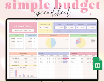 May include: A laptop screen displaying a simple budget spreadsheet. The screen shows financial data, charts, and the text "THE ULTIMATE simple budget spreadsheet." The spreadsheet is for August 1, 2024 - August 31, 2024. The text "GOOGLE SHEETS • 1 TAB • WEEKLY, BIWEEKLY, MONTHLY OR BY PAYCHECK" is at the bottom.