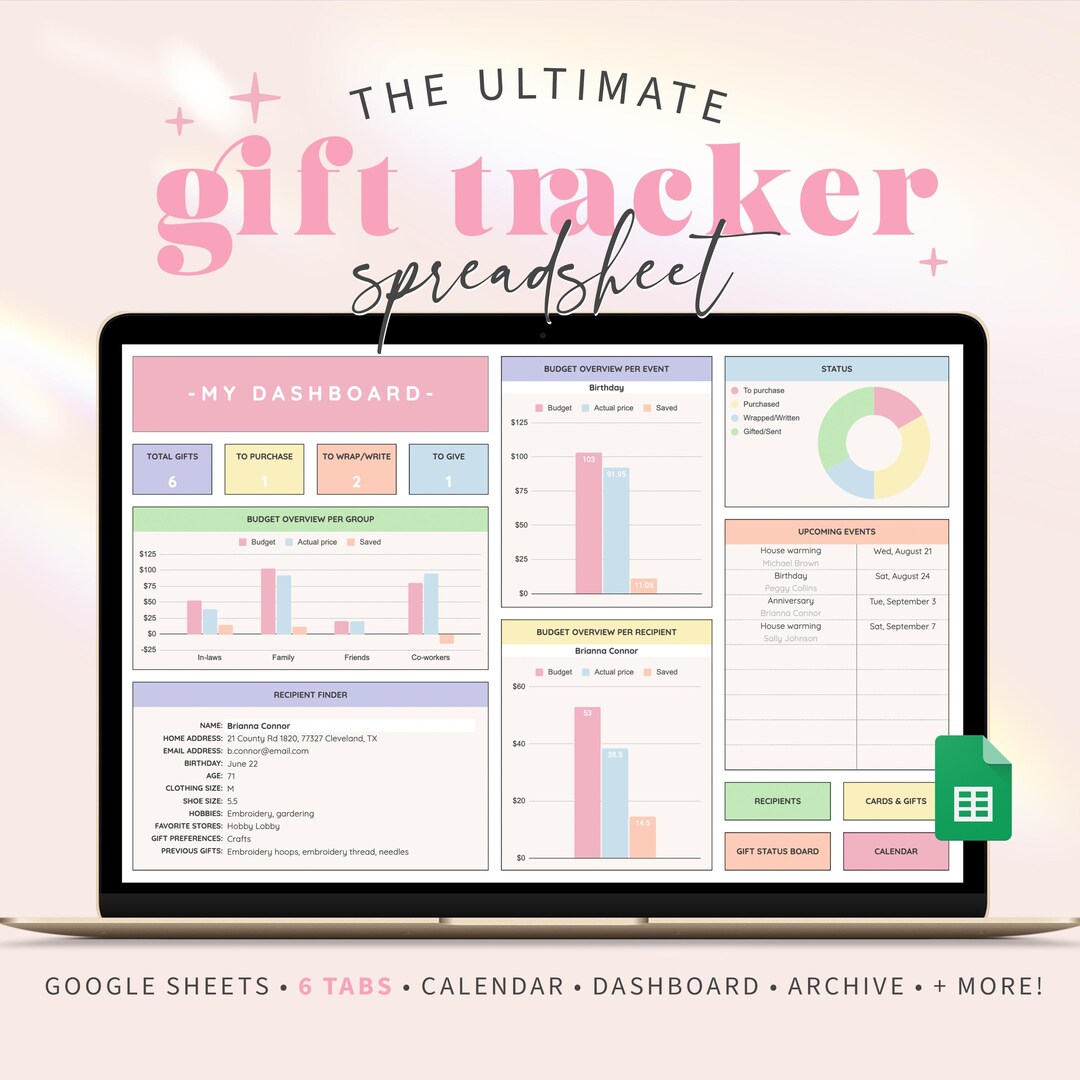 Gift Tracker Spreadsheet for Google Sheets | Events and Holiday Gift ...