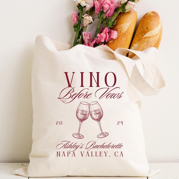 Custom Bachelorette Party Favor Tote Bag: Vino Before Vows