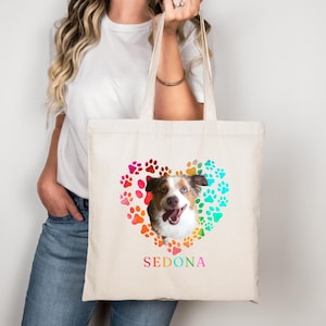 Custom Pet Photo Tote Bag, Personalized Dog Lover Gift, Rainbow Paw Print Bag, Dog Daycare Tote, Pet Name Bag