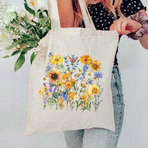 Floral Wildflower Tote Bag, Makes a Great Gift for Her, Boho Botanical, Garden Lover - Gift Bag, Reusable Grocery, Book Bag