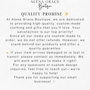 May include: A cream-colored graphic with the text "ALENA GRACE Boutique" at the top. Below, it reads "QUALITY PROMISE" followed by text about custom-made clothing and gifts, customer satisfaction, and a quality guarantee.