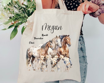 Custom Horse Tote Bag, Wildflower Graphic, Personalized Horse Owner Gift