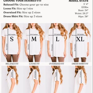 May include: Size guide for Comfort Colors 1717 shirts. The image shows a model's stats and shirt measurements for Relaxed, Loose, Oversized, and Dress Shirt fits. Measurements are in inches for bust, waist, and hips. Shirt sizes range from S to XL.