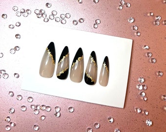 Various Shapes Available | Black & Gold Press On Gel Nails