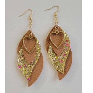 Tan Glitter Heart Faux Leather Earrings