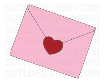 May include: A pink envelope with a red heart in the center. The envelope has a gray outline.