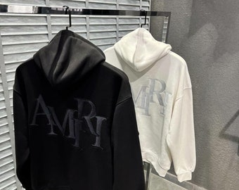 Amiri Front and Back Logo Stitching Hoodie Weiß/Schwarz Herren