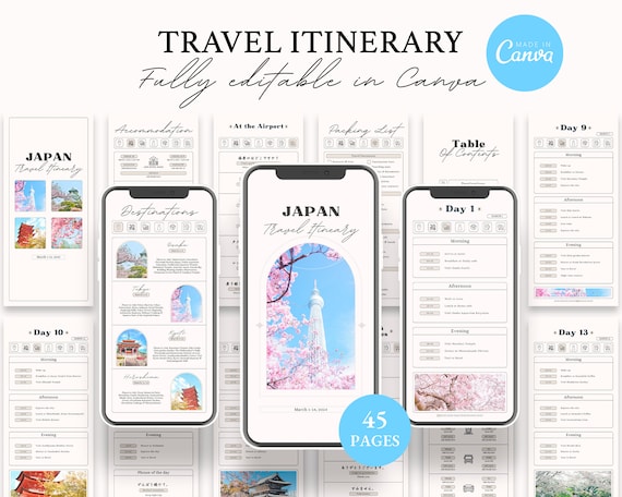 Japan Travel Itinerary Template: 45-Page Editable Travel Planner (Digital Download)