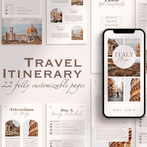 Modelo de itinerário de viagem, planejador de viagem editável, guia de viagem digital, itinerário de viagem para a Itália, planejador de agente de viagem, modelo Canva