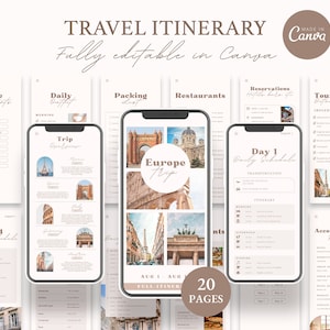 Modelo de itinerário de viagem pela Europa, planejador de viagem editável, guia de viagem pela Europa, guia de viagem Canva, itinerário de fim de semana, itinerário de viagem
