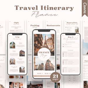 Modelo de Roteiro de Viagem para a França, Planejador de Viagem Editável, Guia de Viagem Digital, Roteiro de Viagem, Planejador de Agente de Viagem, Modelo Canva