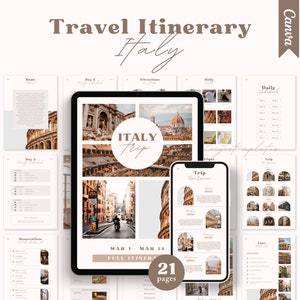 Modello di itinerario di viaggio in Italia, pianificatore di viaggio modificabile, guida di viaggio digitale, itinerario di viaggio, pianificatore di agenzie di viaggio, modello Canva