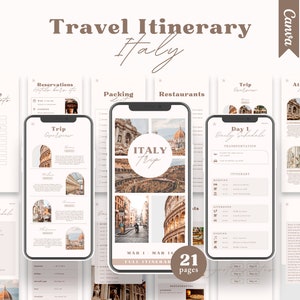 Modelo de itinerário de viagem para a Itália, planejador de viagens editável, guia de viagem digital, itinerário de viagem, planejador de agente de viagens, modelo Canva