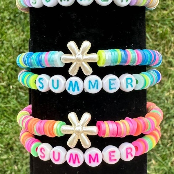 Set of 2 Pearlescent Personalized Summer Clay Bracelet , Summer Jewelry, Gift for Summer, Summer Gift, Colorful Summer Bracelet