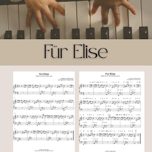 Puede incluir: Un teclado de piano con las manos de un niño tocando las teclas. El texto "Für Elise" se muestra encima del teclado. Debajo, dos partituras con el título "Für Elise".