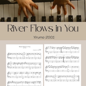 May include: Sheet music for River Flows in You by Yiruma from 2001, featuring two pages of piano notation. The document displays musical staves, notes, and rests on a white background, with the title and composer clearly printed at the top.