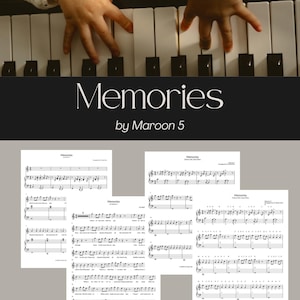 May include: A piano keyboard with white and black keys, with small hands playing the keys. The text "Memories by Maroon 5" is displayed on a dark background. Sheet music for the song "Memories" is visible.