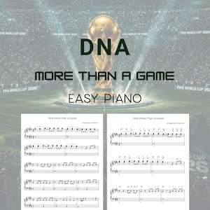 Puede incluir: Dos páginas de partituras impresas para la canción DNA More Than A Game Easy Piano, con notación musical negra sobre papel blanco. El fondo muestra un estadio con el trofeo de la Copa Mundial de la FIFA 2026 y una superposición de texto.