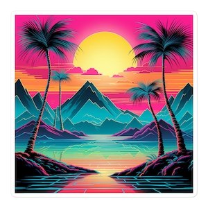 Peut inclure: Une impression d'art numérique représentant un coucher de soleil vibrant sur un paysage tropical. La scène comprend des palmiers, des montagnes et une étendue d'eau réfléchissante. Les couleurs sont vives et audacieuses, avec des nuances de rose, de bleu, de jaune et de vert.