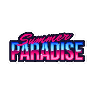 Summer Paradise Kiss-Cut Vinyl Sticker, 80s, 90s, Retro Logo, Neon, Vaporwave, Retrowave, Synthwave, Trendy, Journal, Water Bottle Decal