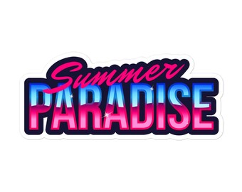 Summer Paradise Kiss-Cut Vinyl Sticker, 80s, 90s, Retro Logo, Neon, Vaporwave, Retrowave, Synthwave, Trendy, Journal, Water Bottle Decal