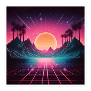 Desertpunk Sunrise, Rad Retrowave Sticker, 80s 90s, Synthwave, Futurepunk, Outrun, Aesthetic Palm Trees Mountains Journal Water Bottle Decal