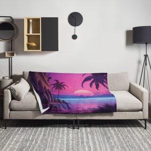 Vaporwave Beach Dreams Throw Blanket, Rad 80s 90s, Aesthetic, Nostalgia, Neoclassical, Palm Trees, Sunset, Magenta, Blue, Ocean, Retro Vibes