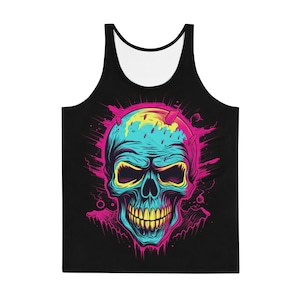 Skull Nightmare: Neon Glow Edition Unisex Tank Top, Rad 80s 90s, Retro Vibes, Synthwave, Outrun, Metal, Blackletter, Gótico, Camisa de gimnasio