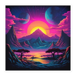 May include: A vibrant digital art print featuring a mountain range with a bright yellow sun rising behind it. Two blue planets are visible in the sky, and the mountains are surrounded by a pink and purple sky.