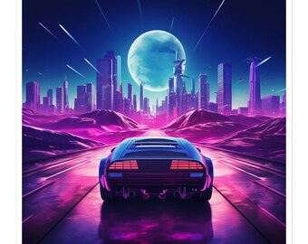 Moonlit Synthwave Drive, Retro-Futurism Sticker, Cityscape, Cyberpunk, Outrun, 80s 90s Vibes, Aesthetic, Neon, Journal Water Bottle Decal