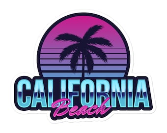 Adesivo in vinile California Beach Kiss-Cut, anni '80, '90, logo retrò, neon, Vaporwave, Retrowave, Synthwave, Trendy, diario, decalcomania per bottiglia d'acqua