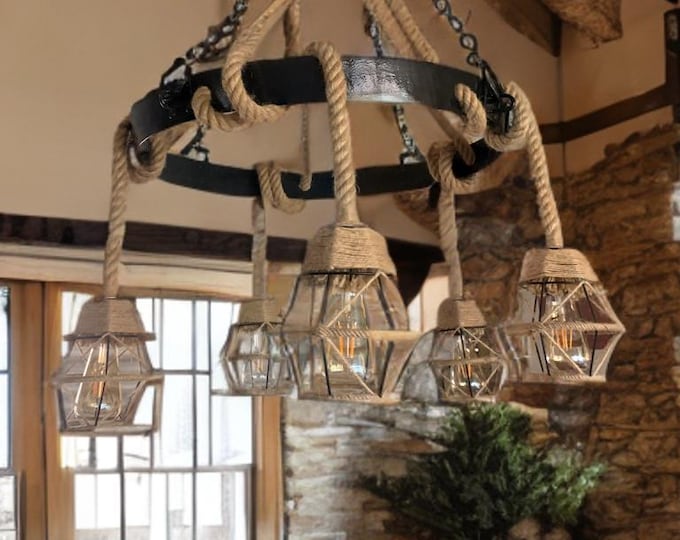 Rustic handmade metal chandelier pendant rope light, with reclaimed barrel whiskey/wine ring and rope pendant lights with  metal shades