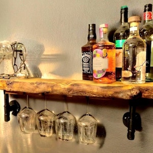 Handmade oak live edge bar shelving storage unit/wine rake/drinks shelf with light and wine glass holders, rustic home bar wall mounted