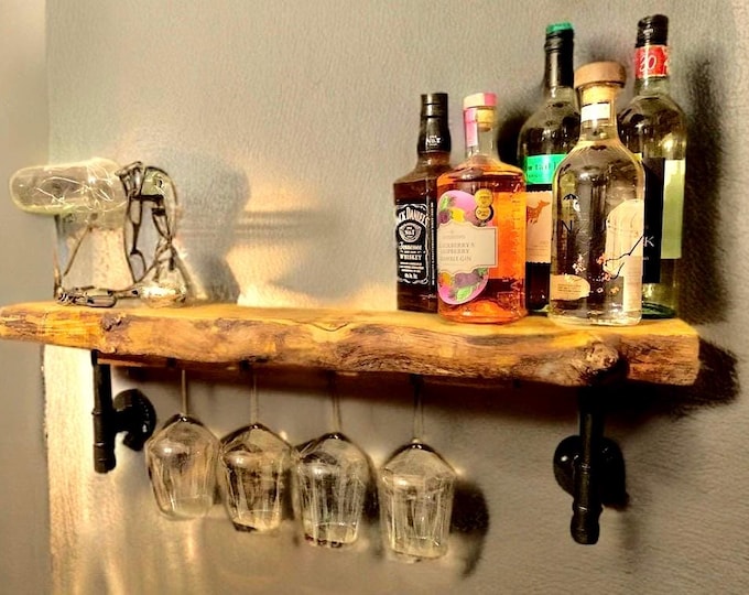 Handmade oak live edge bar shelving storage unit/wine rake/drinks shelf with light and wine glass holders, rustic home bar wall mounted