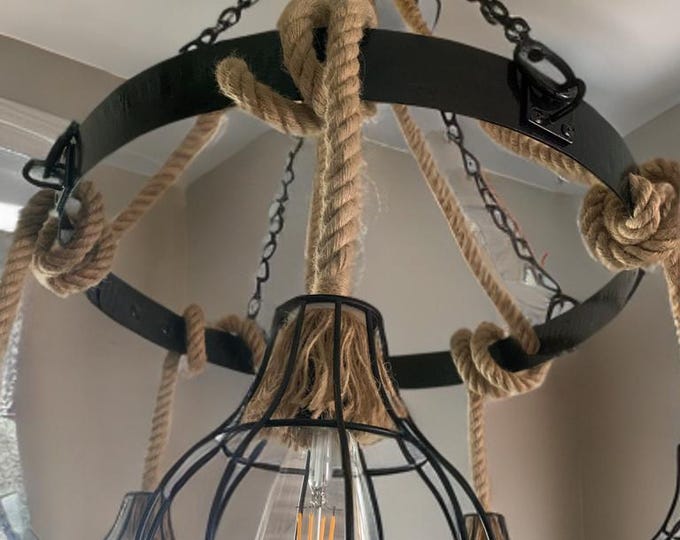 Rustic handmade ceiling light chandelier with 5 hemp rope Edison pendant lights complete with black cages,reclaimed wine/whiskey barrel ring