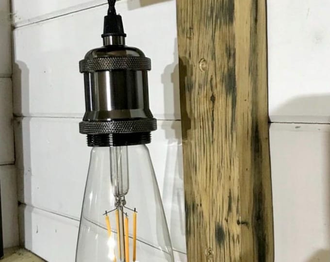 Rustic oak whiskey/wine stave wall light sconce complete with nickel coloured Edison pendant bulb holder complete with steel from the ring