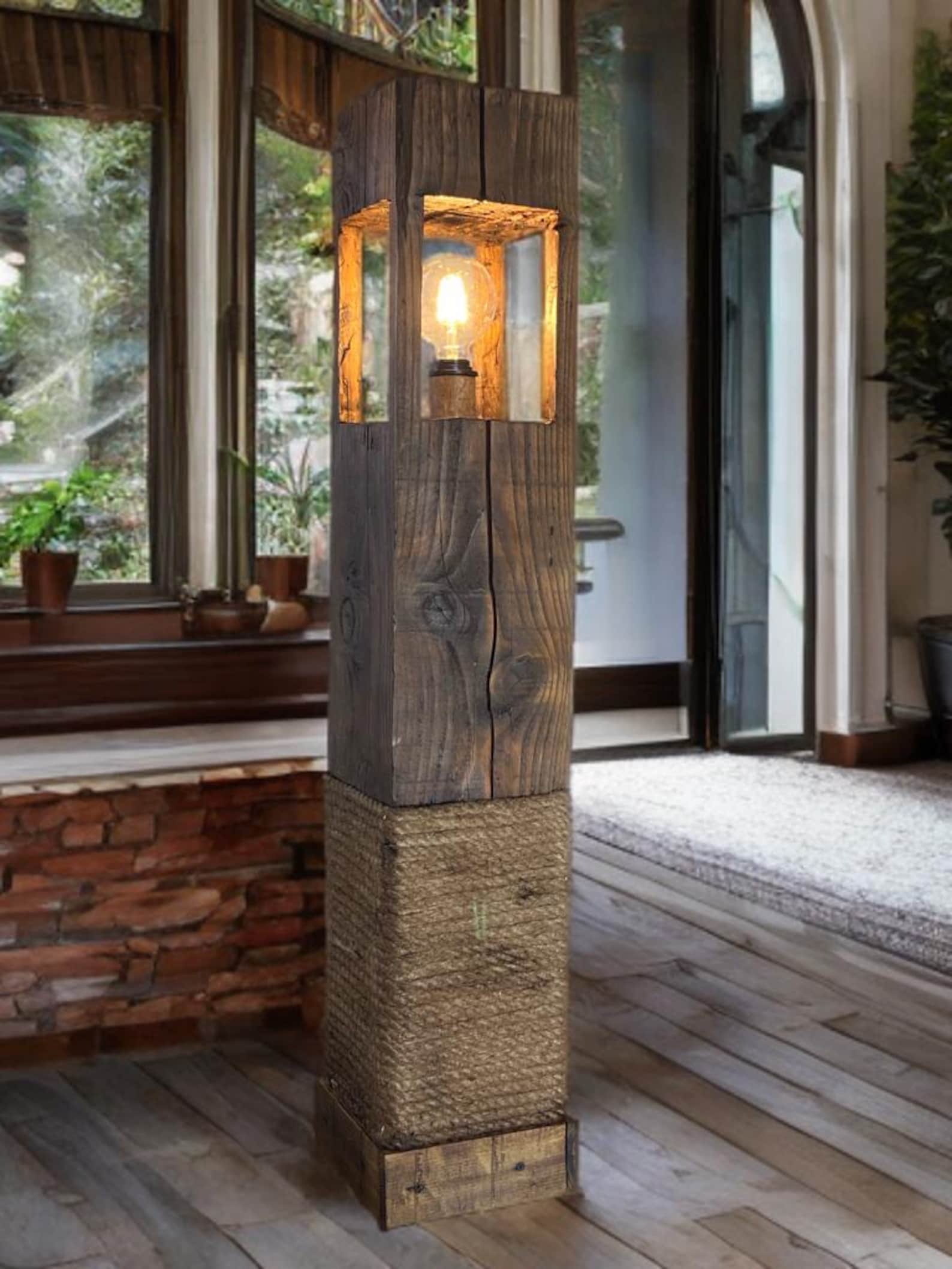Rustic chunky wooden floor lamp hand made from reclaimed wood