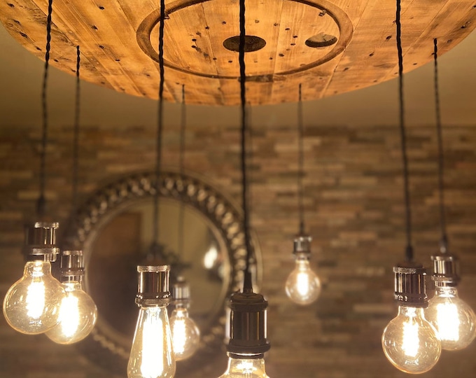 Rustic wooden cable drum chandelier complete with 9 Edison pendant lights in nickel waxed in oak and suspended from metal chain and hooks