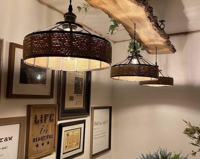 Reclaimed handmade wooden live edge beam pendant light,with 3 Edison bulb holders, complete with rustic metal and hemp rope shades waxed