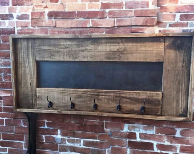 Rustic handmade blackboard with bronze coloured coat hooks, Coat rack/stand wall mounted message board, reclaimed wood with oak wax
