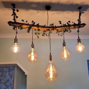 Rustic ceiling light fixture handmade from oak whiskey/wine barrel stave with 3 vintage pendant Edison bulb holders,  salvaged plates on end