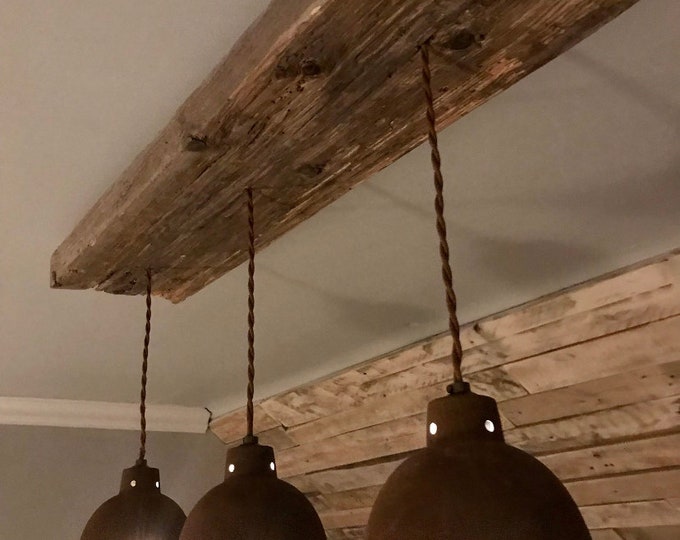 Rustic ceiling light with 3 vintage metal pendant lights dropped from reclaimed wooden beam with 3 metal rust effect shade ms approx 1m