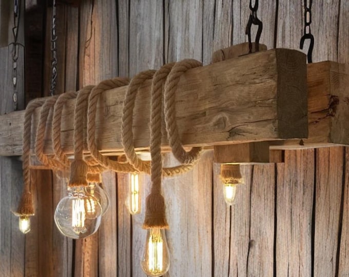 Rustic beam light made from reclaimed wooden Double beam with 6 hanging rope Edison pendant holders waxed in oak country farmhouse style