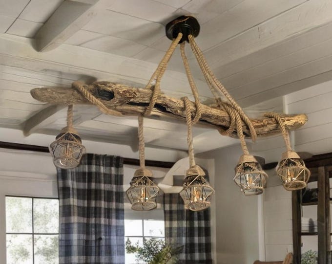 Driftwood rustic ceiling rope pendant light, 5 Edison holders made into natural beam chandelier, handmade wood sourced from Scotland