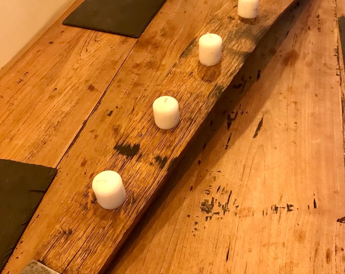 Large Rustic tea light candle holder made of scottish oak barrel stave 90 cm long, perfect for dinning table/ wine and whiskey lovers