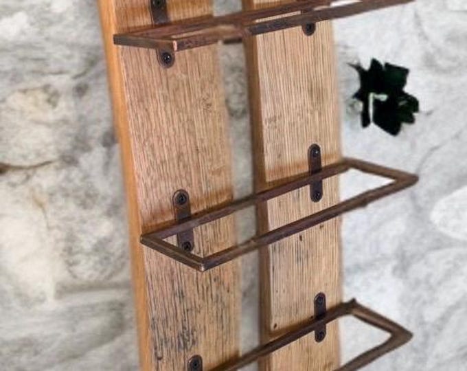 Rustic oak barrel stave wine holder/drinks rack with 6 metal bottle holders, handmade wall mounted wine gifts