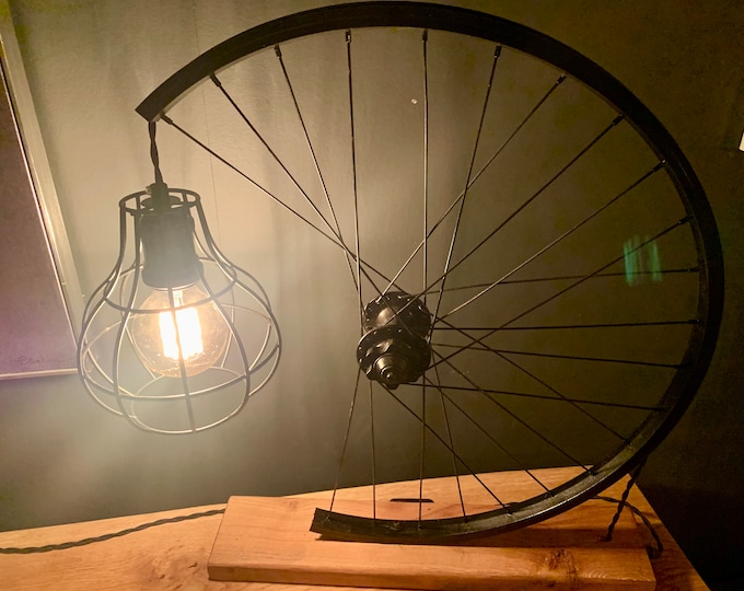 Retro/steampunk table/desk light handmade from bike/bicycle wheel with vintage silk wire to Edison bulb with black metal cage shade rustic